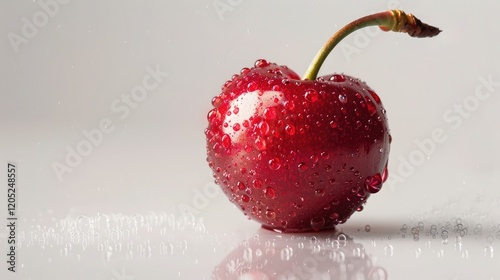 a plump cherry with a nearby cherry stem on a white surface