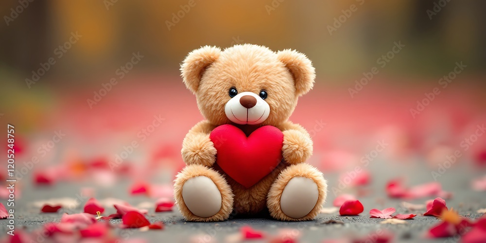 Fototapeta premium Adorable Teddy Bear Holding Red Heart Romantic Valentine Image