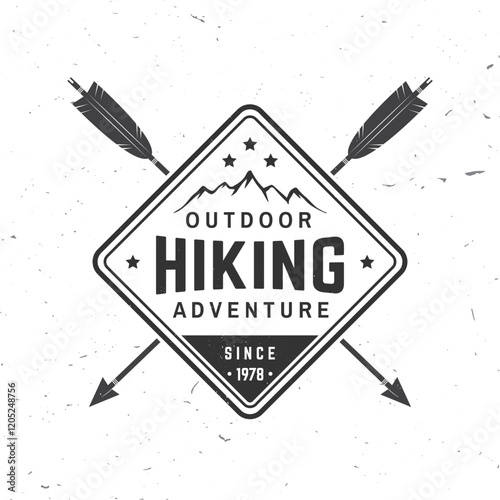 Hiking outdoor adventures. Vector illustration. Extreme adventure. Hiking related typographic quote. Concept for shirt or logo, print, stamp. Mountain with rustic arrow