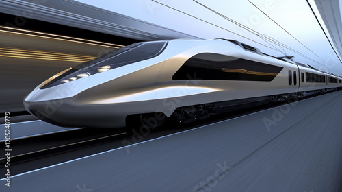 Speeding modern train rushes through a sleek urban landscape. Generative AI