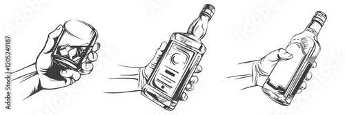 Set of retro male hand holding glass whiskey with ice and bottle of scotch whisky or brandy. Vector illustration. Hand drawn design element. For logo design, patches, stickers
