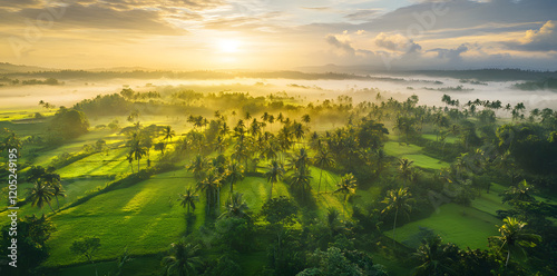 Wallpaper Mural Aerial view of a rainforest landscape with morning fog at sunrise Torontodigital.ca