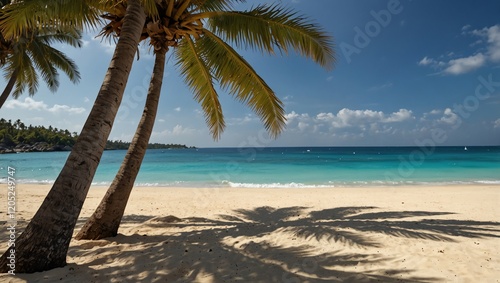 Palm tree on the beach . A tropical beach scene with white sand, turquoise water, and palm trees casting shadows on the sand.
