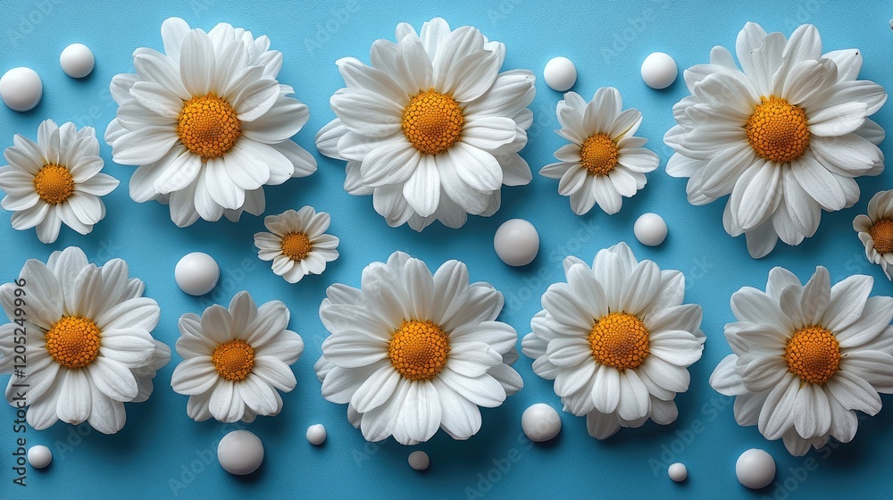 A vibrant arrangement of white daisies and round white objects on a blue background, showcasing floral beauty A vibrant arrangement of white daisies and round white objects on a blue background, showcasing floral beauty