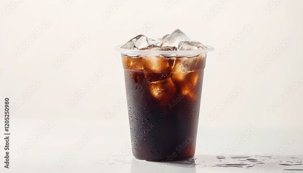 A photograph of cold black coffee in a transparent plastic cup with ice cubes on a white background A photograph of cold black coffee in a transparent plastic cup with ice cubes on a white background