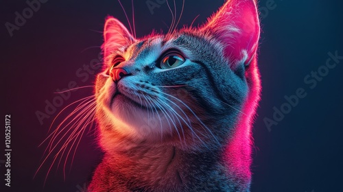 Neon Cat Portrait, Studio, Upward Gaze, Dark Background, Pet Advertisement