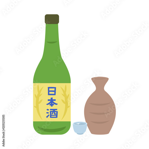 日本酒の瓶と徳利とおちょこ。フラットなベクターイラスト。
Japanese sake bottle, tokkuri and ochoko. Flat vector illustration.