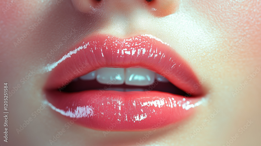 Obraz premium Beauty close up photo of lips and teeth, Woman's lips with natural makeup and white teeth, AI generated