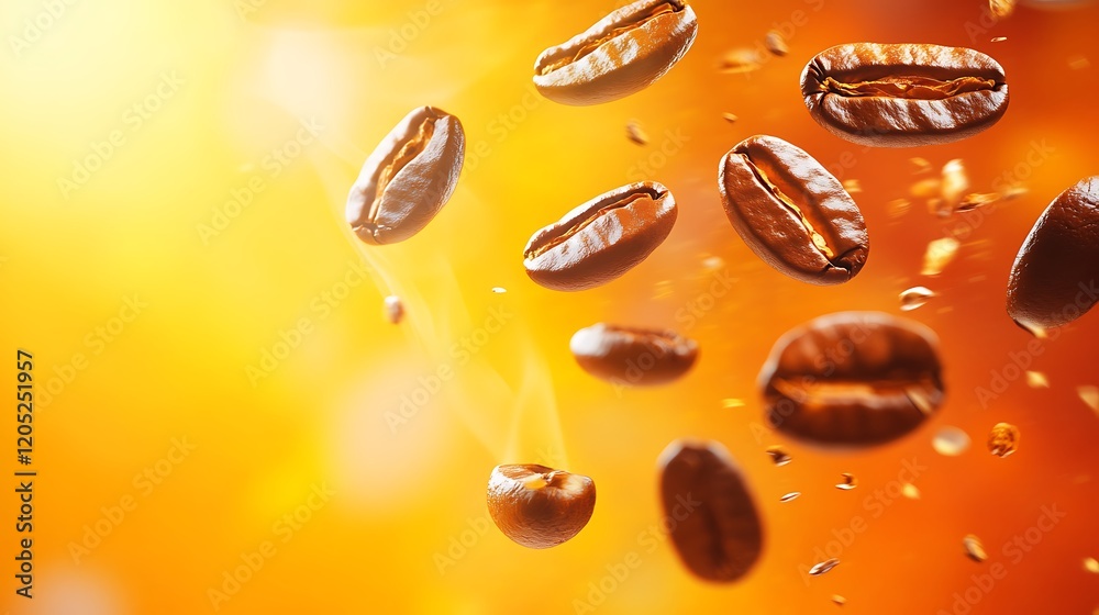 Coffee beans falling into a cup with steam and a bright, vibrant backdrop Coffee beans falling into a cup with steam and a bright, vibrant backdrop