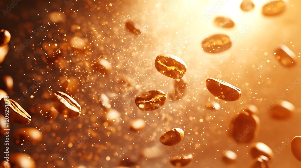Coffee beans falling into a cup with steam and a bright, vibrant backdrop Coffee beans falling into a cup with steam and a bright, vibrant backdrop