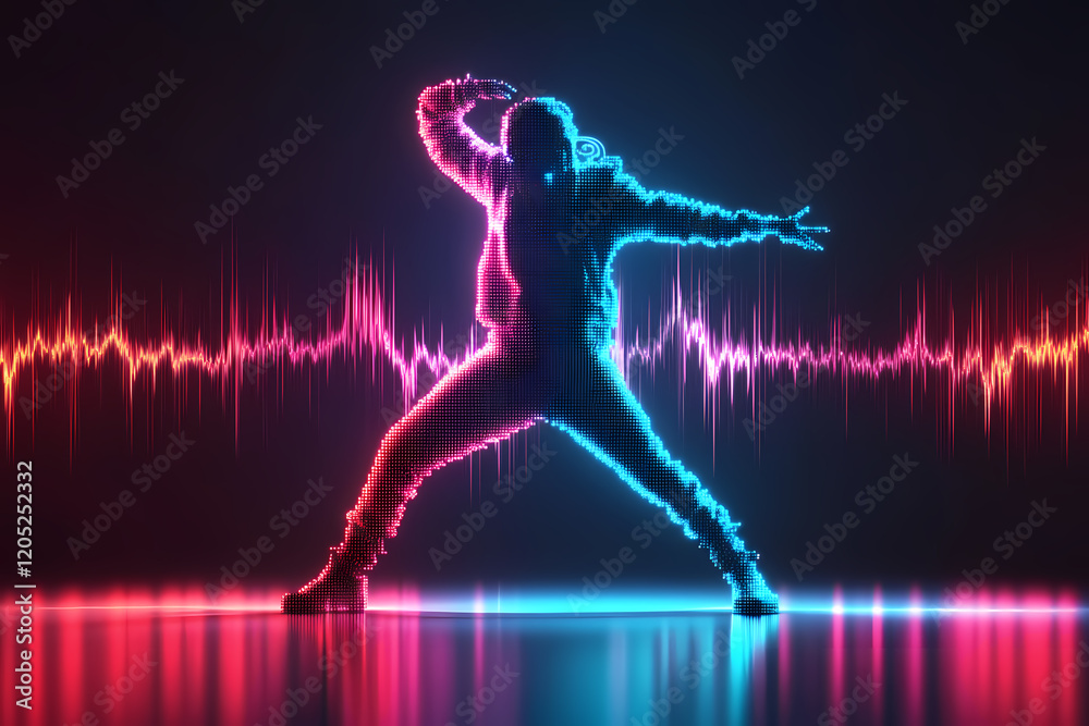 singer performing with radiant holographic sound waves on a neon-lit stage singer performing with radiant holographic sound waves on a neon-lit stage
