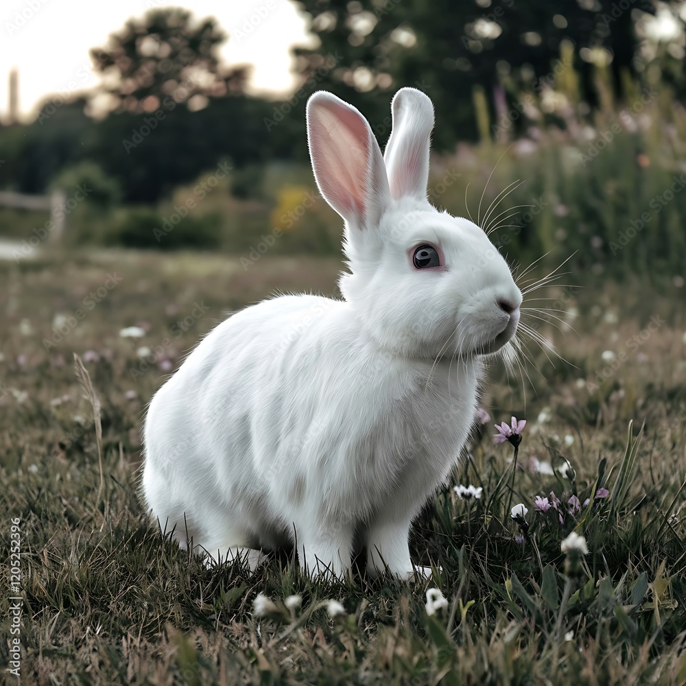 A photo of a white rabbit sitting in a lush green field with a blurred background of trees. The rabbit is looking to the right and is wearing a pink bowtie. The ground is covered with yellow flowers. A photo of a white rabbit sitting in a lush green field with a blurred background of trees. The rabbit is looking to the right and is wearing a pink bowtie. The ground is covered with yellow flowers.