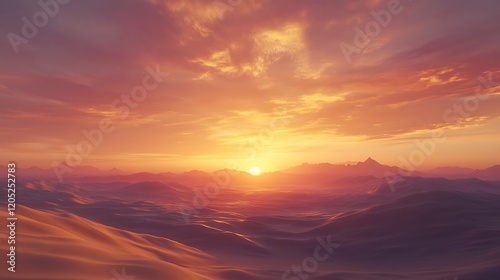 Golden desert sands glowing with warm tones under a vivid sunset sky photo