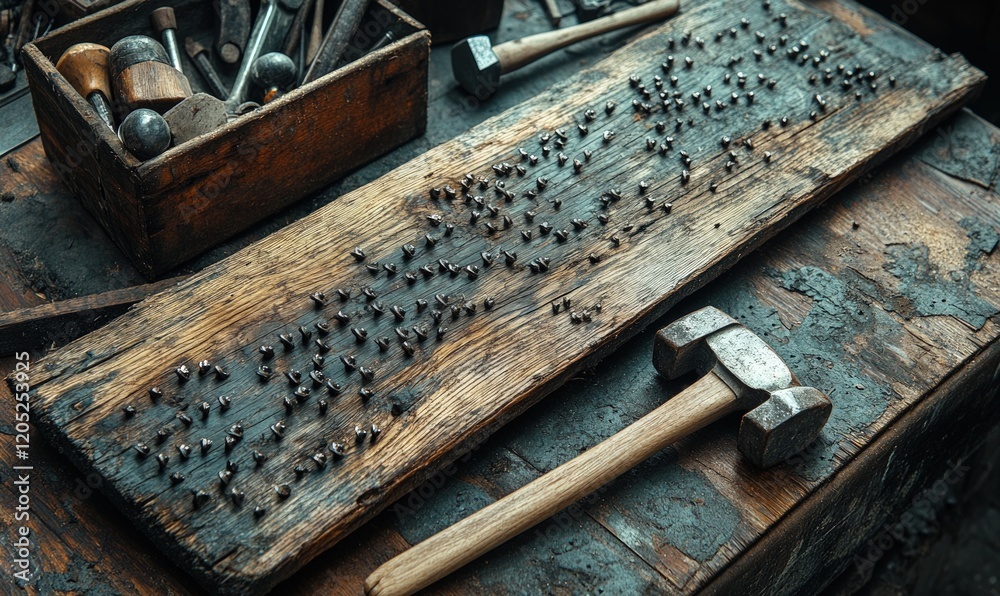 Old wooden board, many nails, antique tools. Old wooden board, many nails, antique tools.