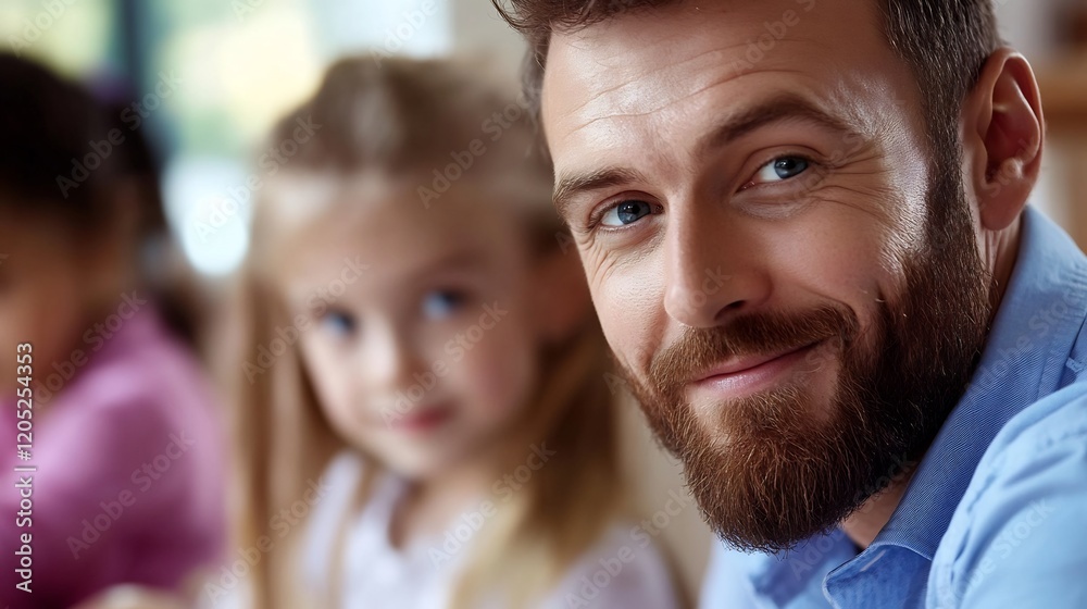 Smiling Man with Children in the Background Smiling Man with Children in the Background