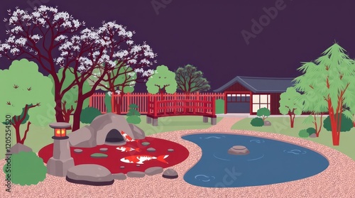 A fairy tale castle with a beautiful garden, pool, and trees, set in an autumn landscape with clear skies and luxurious architecture