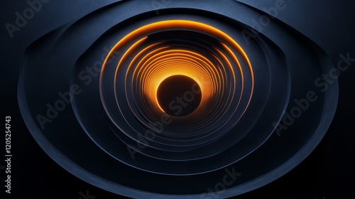 Minimalist concentric glowing circle with smooth edges on a black mirror-like canvas