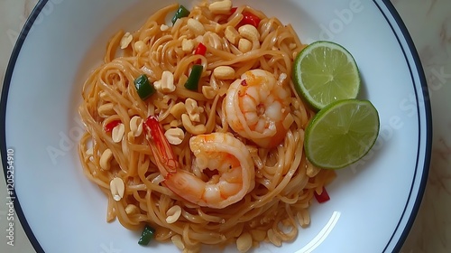 Delicious shrimp pad thai noodles with peanuts and lime. photo