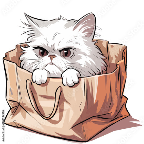 An illustration of a white, fluffy cat peeking out from inside a beige paper bag. The cat has a slightly annoyed or curious expression