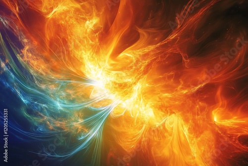 Swirling colors red orange blue energy of fire elementals flames dynamic powerful strength intensity
