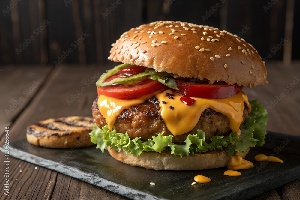 The burger features a perfectly grilled patty, melting cheese dripping over the sides, fresh lettuce, thick tomato slices, and sesame-seed bun on wood dark background The burger features a perfectly grilled patty, melting cheese dripping over the sides, fresh lettuce, thick tomato slices, and sesame-seed bun on wood dark background