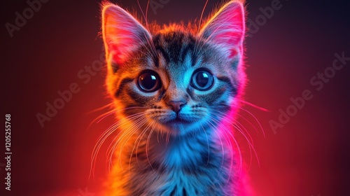 Neon Kitten Studio Portrait, Red-Blue Background