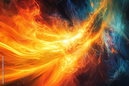 Swirling colors red orange blue energy of fire elementals flames dynamic powerful strength intensity
