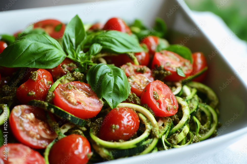 Vibrant zucchini noodle salad with cherry tomatoes and fresh basil for a refreshing summer meal Vibrant zucchini noodle salad with cherry tomatoes and fresh basil for a refreshing summer meal