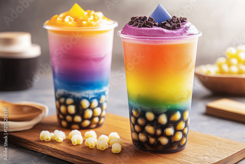 Delightful rainbow-themed bubble tea with layers of vibrant flavors and textures on a wooden tray photo