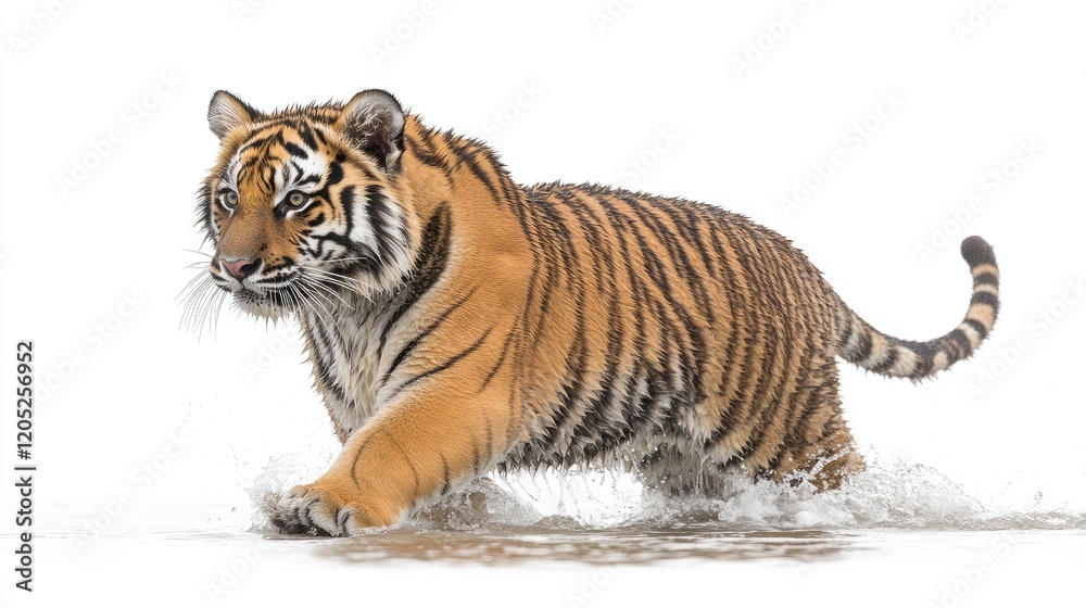 Obraz premium A tiger splashes through water, showcasing its strength and beauty in a dynamic pose.