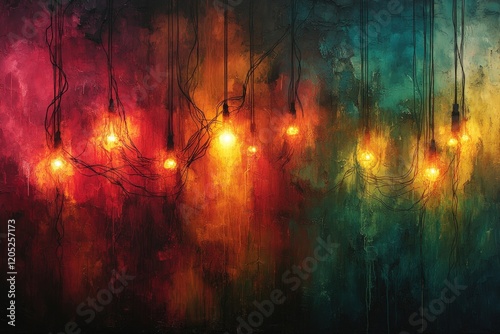 Abstract painting: glowing bulbs, textured background.