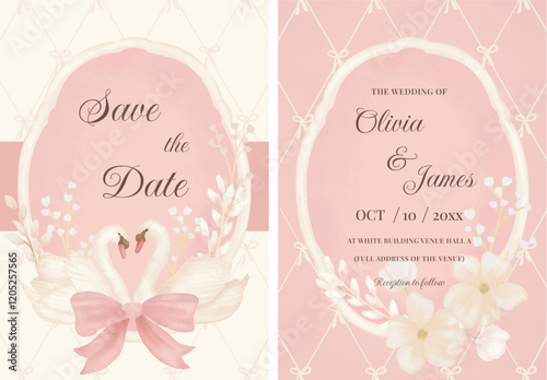 Set of wedding invitation card vintage soft pink with swan and floral wreath