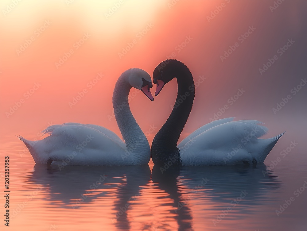 Fototapeta premium black and white swans creating heart shape at dawn on misty lake