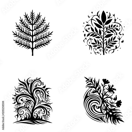 Patterned silhouettes of herbs and trees for tattoo. Set of monochrome vector sketches of plants