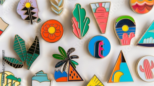 A set of colorful enamel pins with modern designs, arranged on a clean white background.