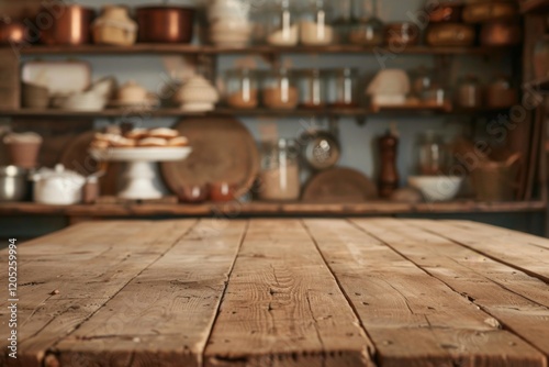 Top of wooden table with blurred bakery equipment background.