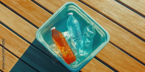 Closeup of single-use plastics in trash bin natural light overhead view environmental waste awareness photo