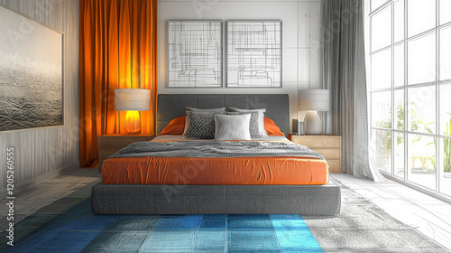 A captivating visual that transitions smoothly from a vibrant, full-color photograph of a modern bedroom to a meticulously detailed pencil drawing. photo