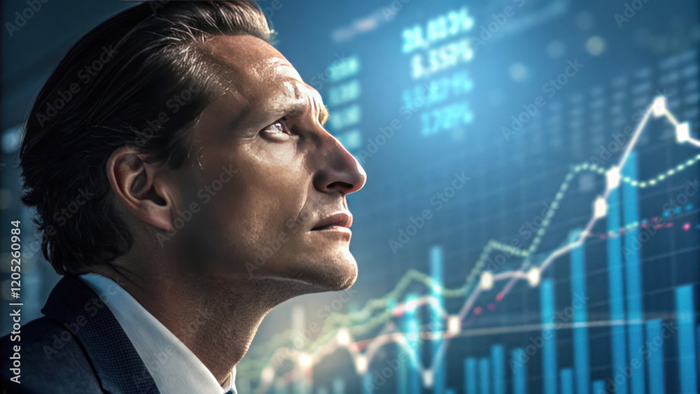 Intense businessman analyzing stock market trends with focus and determination Intense businessman analyzing stock market trends with focus and determination