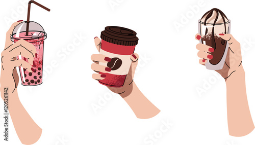 Hands with different hot aroma coffee drinks. Cappuccino, espresso, Americano, latte Beverage for Breakfast, Lunch or Coffee Break. Flat vector illustrations isolated on white background
