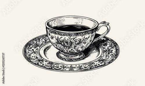 Vintage Engraved Tea Cup and Saucer Hand Drawn Minimalist Ink Sketch Vector