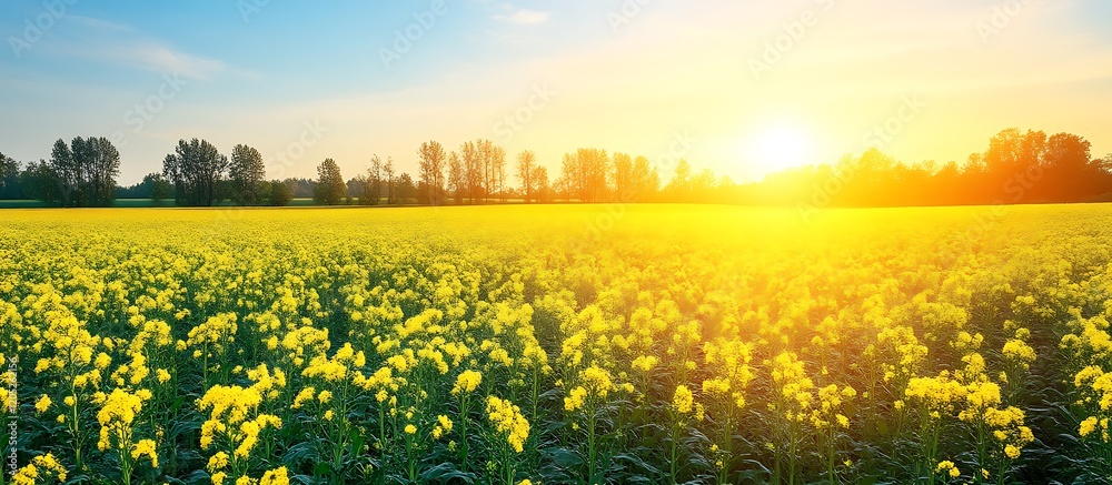 Obraz premium Golden Sunrise over a Vibrant Yellow Rapeseed Field