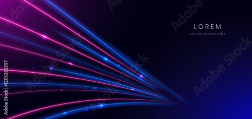 Abstract technology futuristic neon glowing blue and pink light lines with lighting effect on dark blue background.