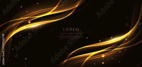 Abstract gold curved ray on black background with lighting effect bokeh and copy space for text.