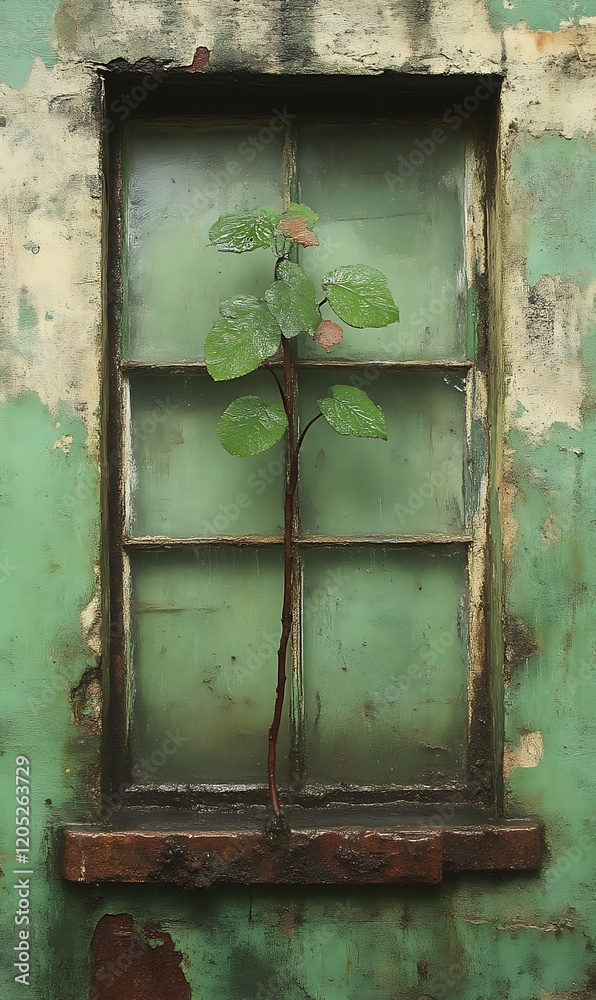 Naklejka premium Resilient Sapling in a Weathered Window: A Serene Rustic Still Life