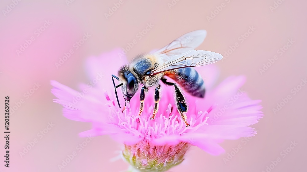 Bee pollinating pink flower, nature background, springtime scene, perfect for nature websites Bee pollinating pink flower, nature background, springtime scene, perfect for nature websites