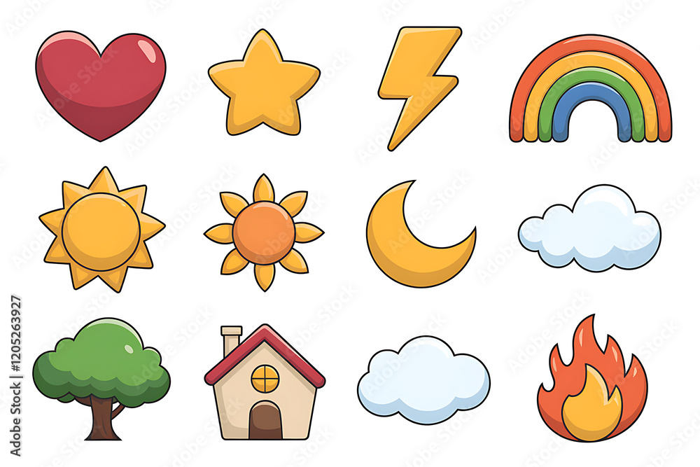 Collection of cartoon symbols including a heart, a star, a sun, a moon. Isolated, on transparent background. PNG Collection of cartoon symbols including a heart, a star, a sun, a moon. Isolated, on transparent background. PNG