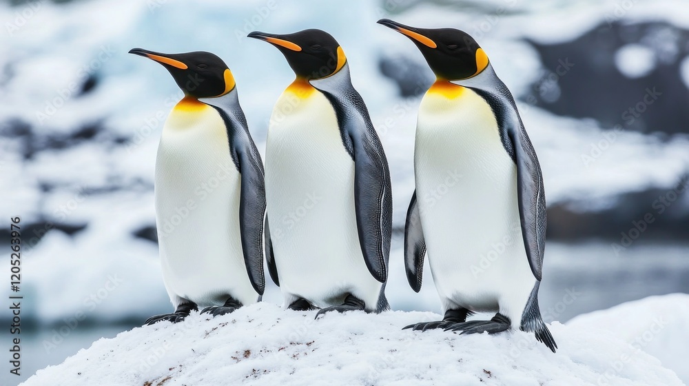 Fototapeta premium Penguins nesting on Antarctica coastline. Sea birds colony stand together on top of snow covered hill rock. Polar wildlife penguins behaviors in cold environment. Antarctica travel and exploration
