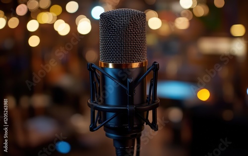 Captivating condenser microphone poised for action, bathed in the warm glow of a blurred nighttime bokeh. Ready to record! photo