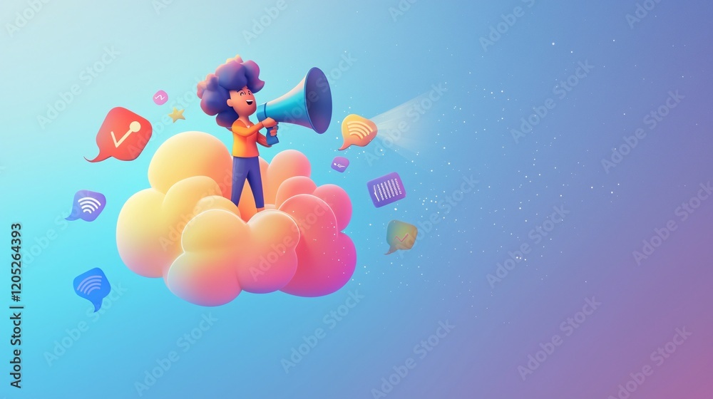 Fototapeta premium Digital Marketer Emitting Growth Symbols from a Floating Cloud